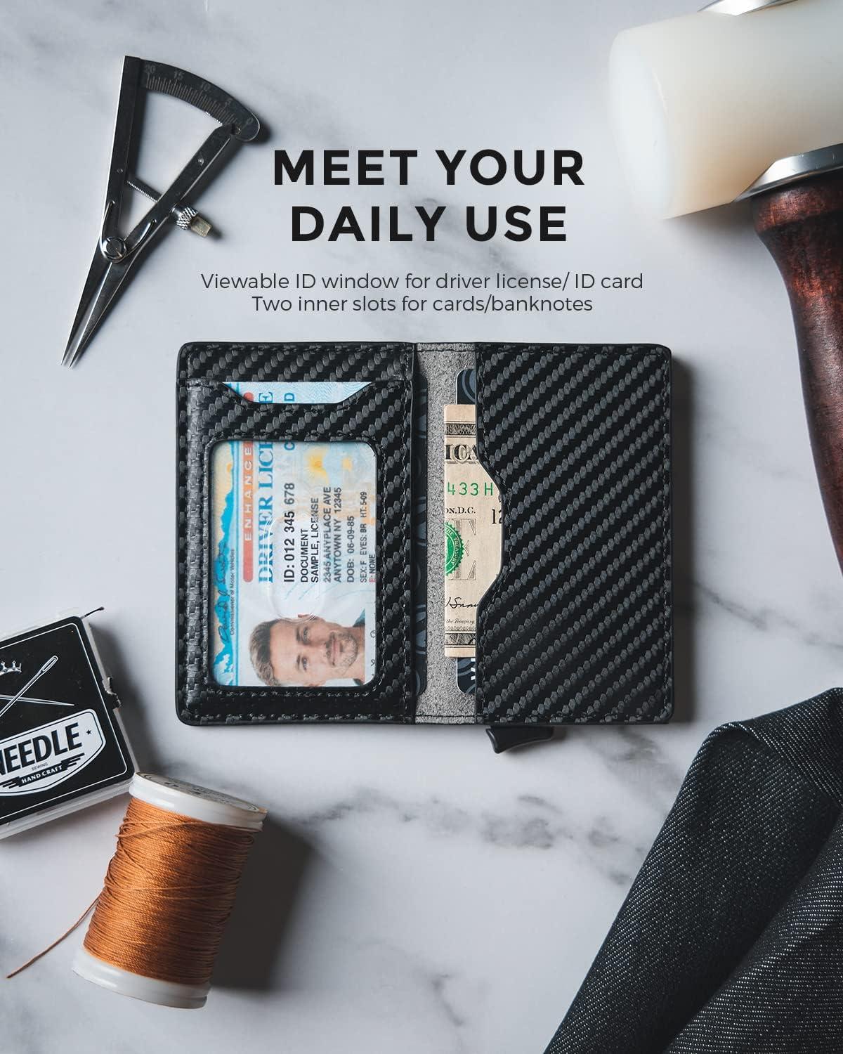 image:imageVULKIT Slim Pop up Wallet for Women Minimalist Credit Card Holder with Leather Slots Mens Bifold RFID Blocking Metal WalletsCF Black