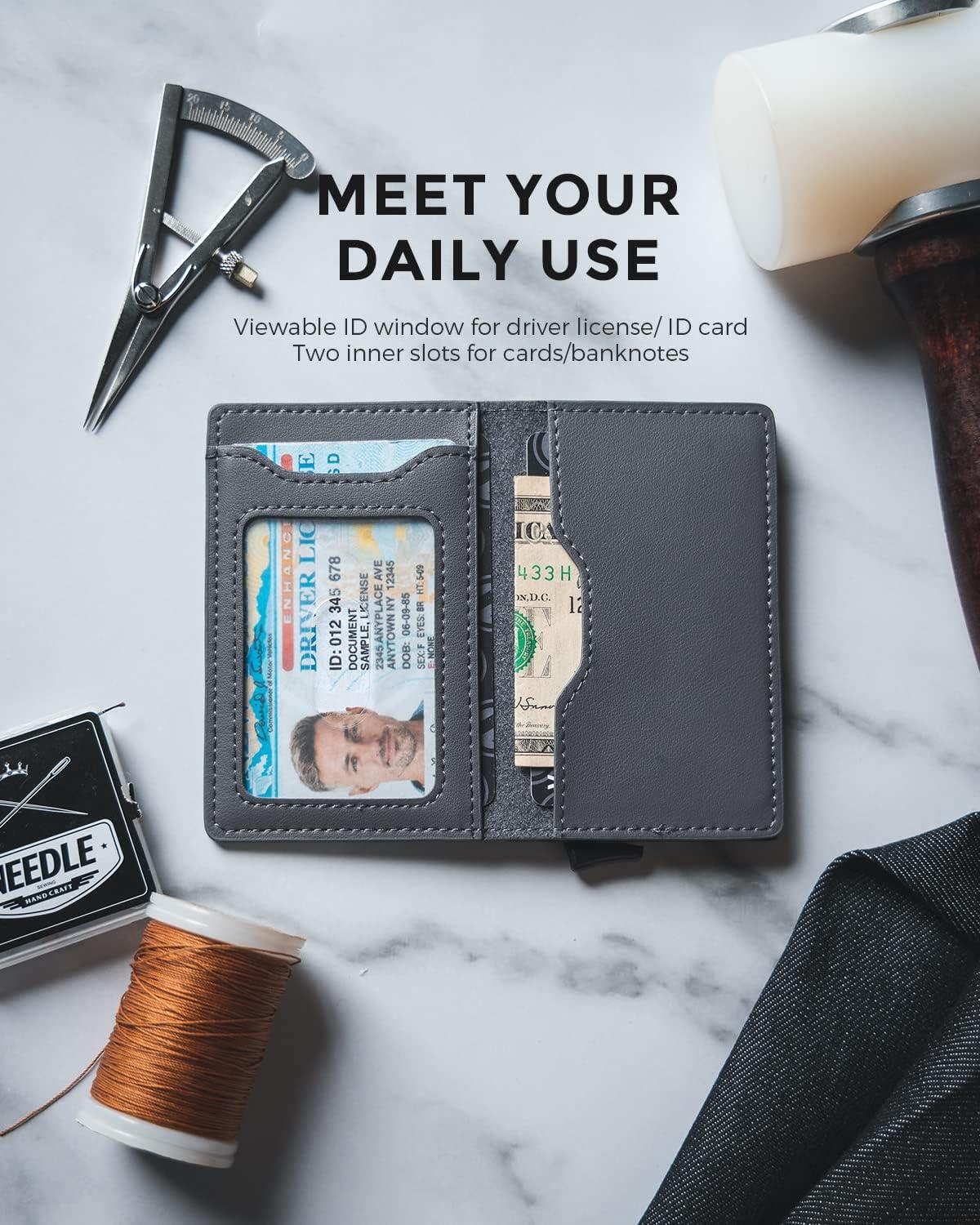 image:imageVULKIT Slim Pop up Wallet for Women Minimalist Credit Card Holder with Leather Slots Mens Bifold RFID Blocking Metal WalletsIron Grey
