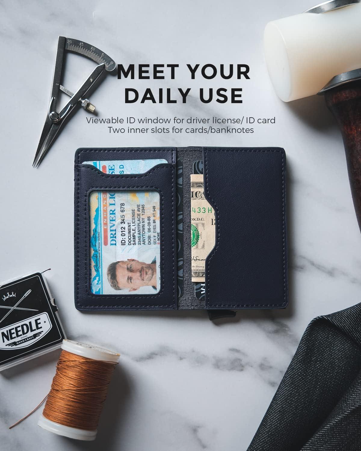 image:imageVULKIT Slim Pop up Wallet for Women Minimalist Credit Card Holder with Leather Slots Mens Bifold RFID Blocking Metal WalletsNavy