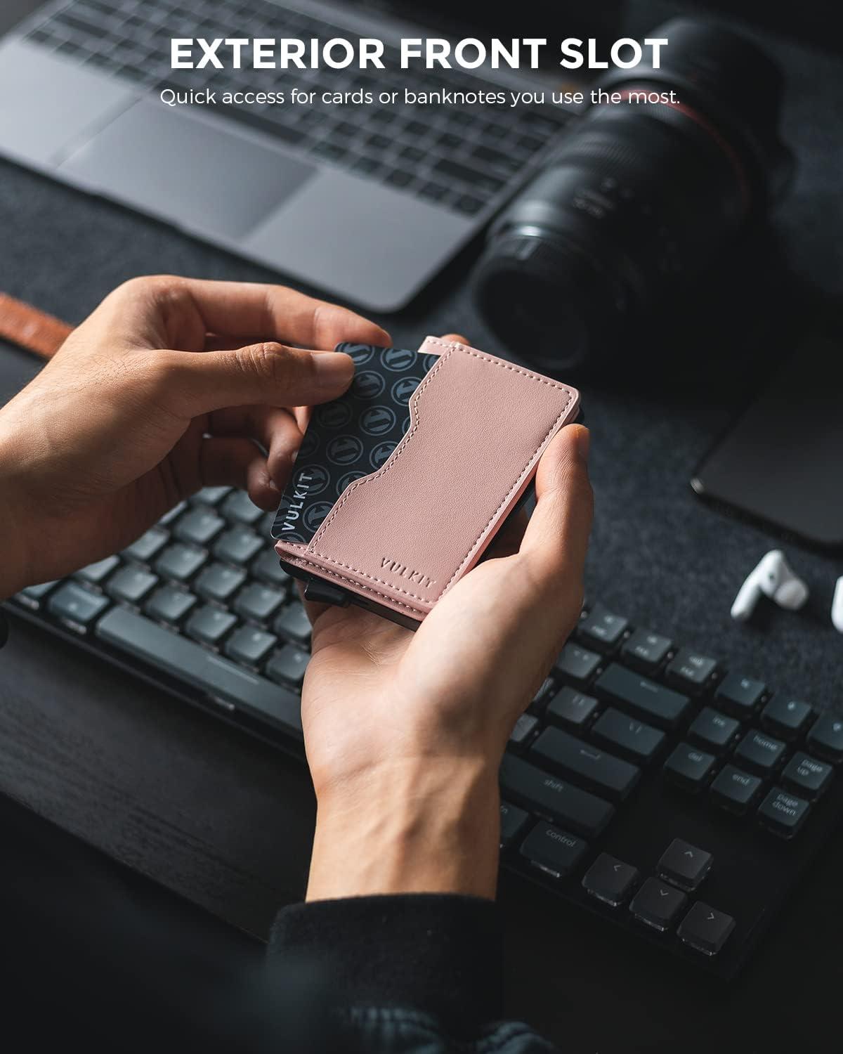 image:imageVULKIT Slim Pop up Wallet for Women Minimalist Credit Card Holder with Leather Slots Mens Bifold RFID Blocking Metal WalletsRose