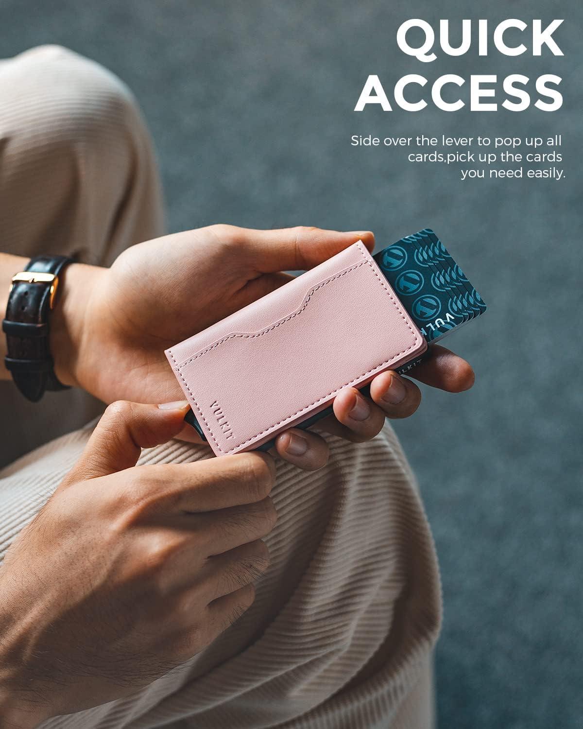image:imageVULKIT Slim Pop up Wallet for Women Minimalist Credit Card Holder with Leather Slots Mens Bifold RFID Blocking Metal WalletsRose