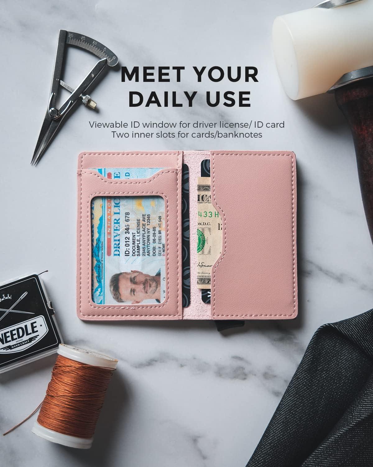 image:imageVULKIT Slim Pop up Wallet for Women Minimalist Credit Card Holder with Leather Slots Mens Bifold RFID Blocking Metal WalletsRose