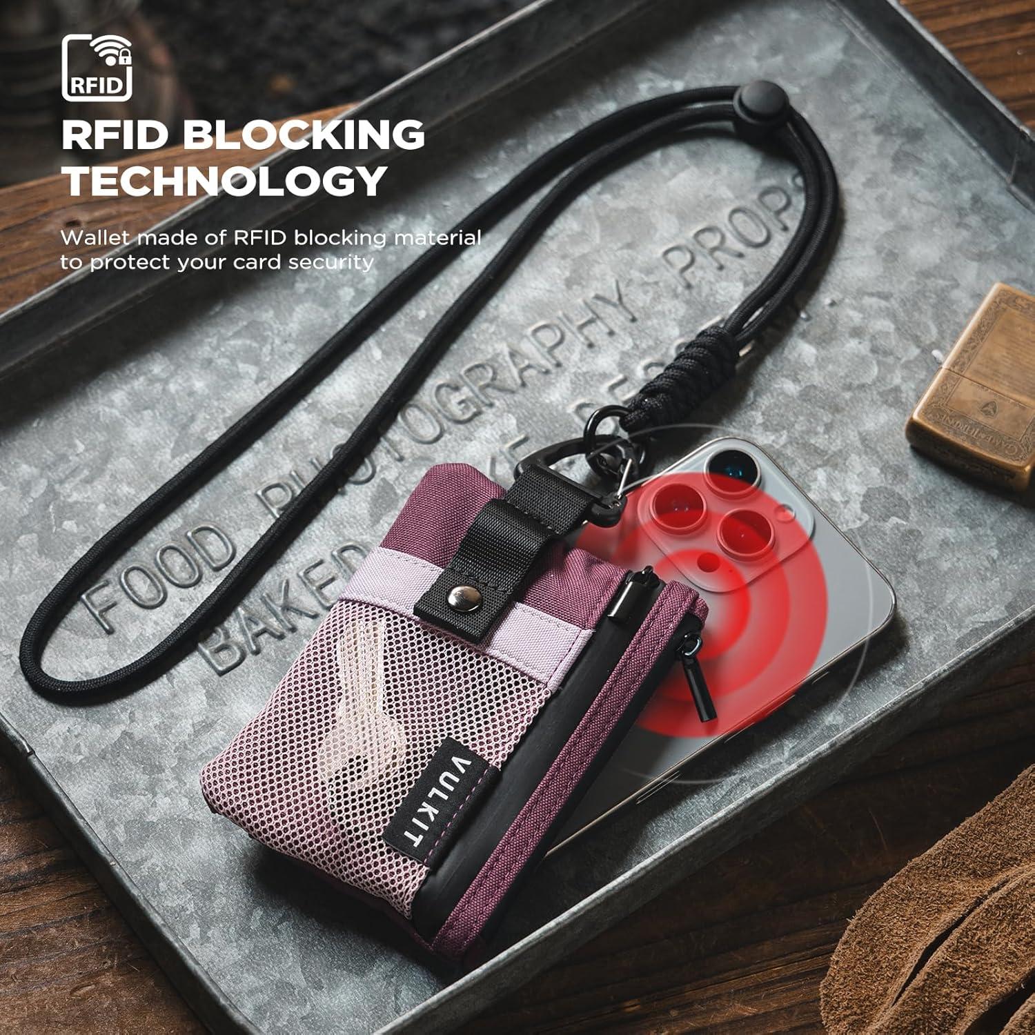 image:imageVULKIT Small Minimalist Wallet for Women and Men RFID Blocking Zipper Coin Pouch with ID Window and Keychain Water Resistant Travel Lanyard Wallet BlueWine Pink