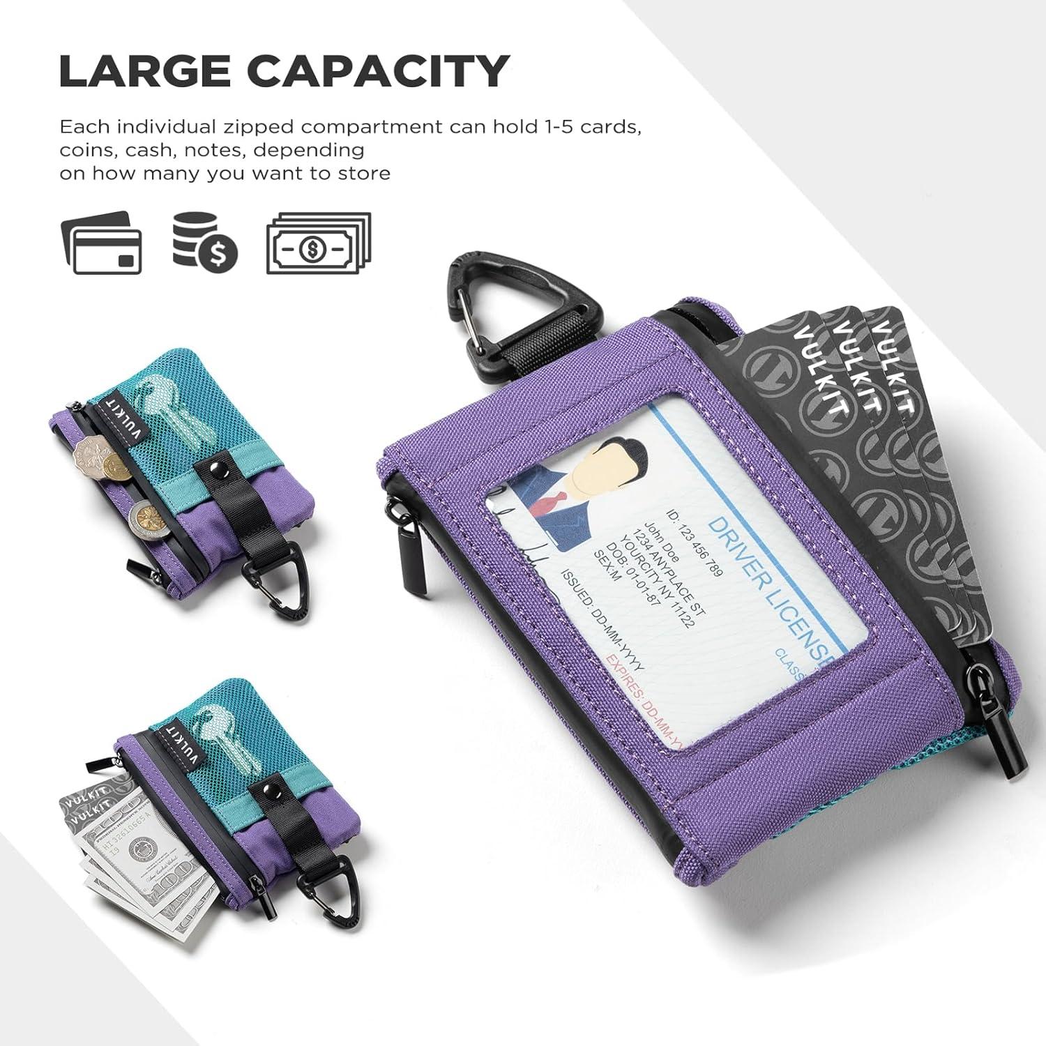 image:imageVULKIT Small Minimalist Wallet for Women and Men RFID Blocking Zipper Coin Pouch with ID Window and Keychain Water Resistant Travel Lanyard Wallet BlueAauaGree Purple
