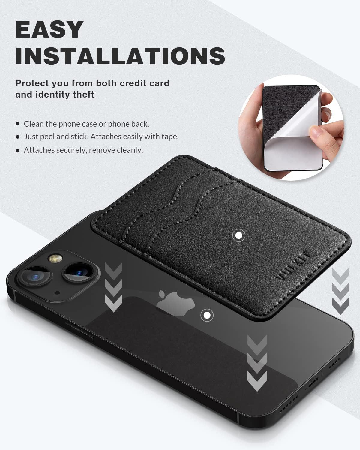 image:imageVULKIT Stick on Card Holder Compatible for iphone Leather Cell Phone Wallet Credit Card Case Strong Sticker for WomenBlack