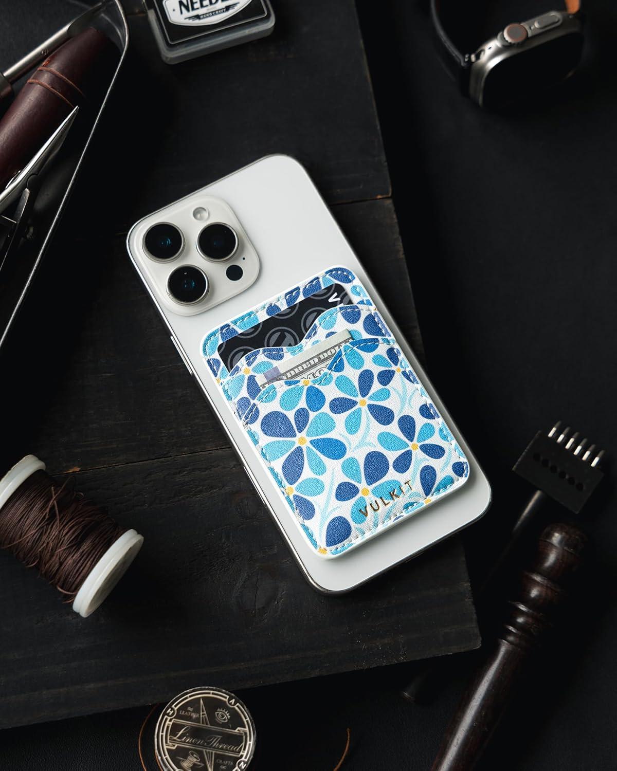 image:imageVULKIT Stick on Card Holder Compatible for iphone Leather Cell Phone Wallet Credit Card Case Strong Sticker for WomenBlue Bloom