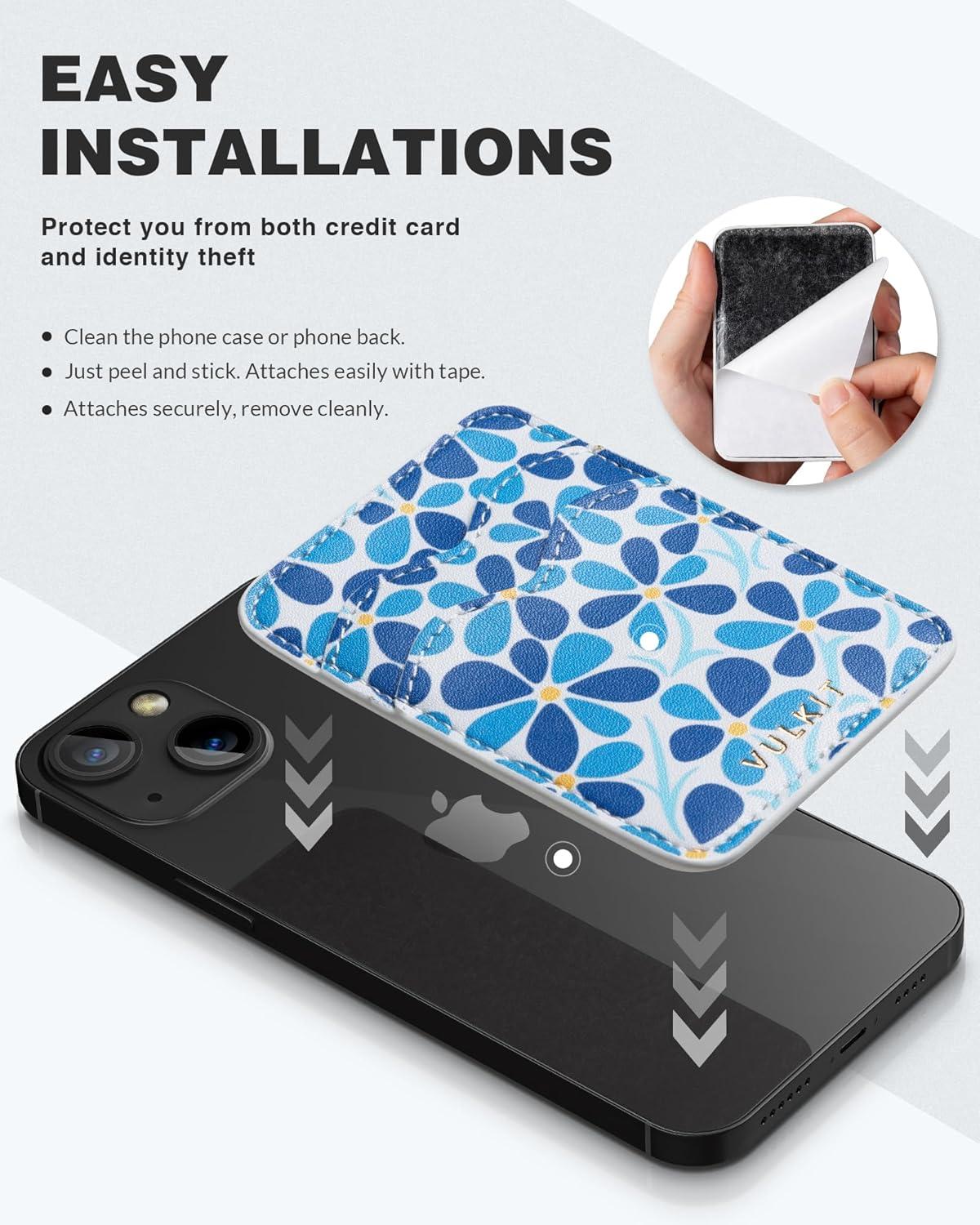 image:imageVULKIT Stick on Card Holder Compatible for iphone Leather Cell Phone Wallet Credit Card Case Strong Sticker for WomenBlue Bloom