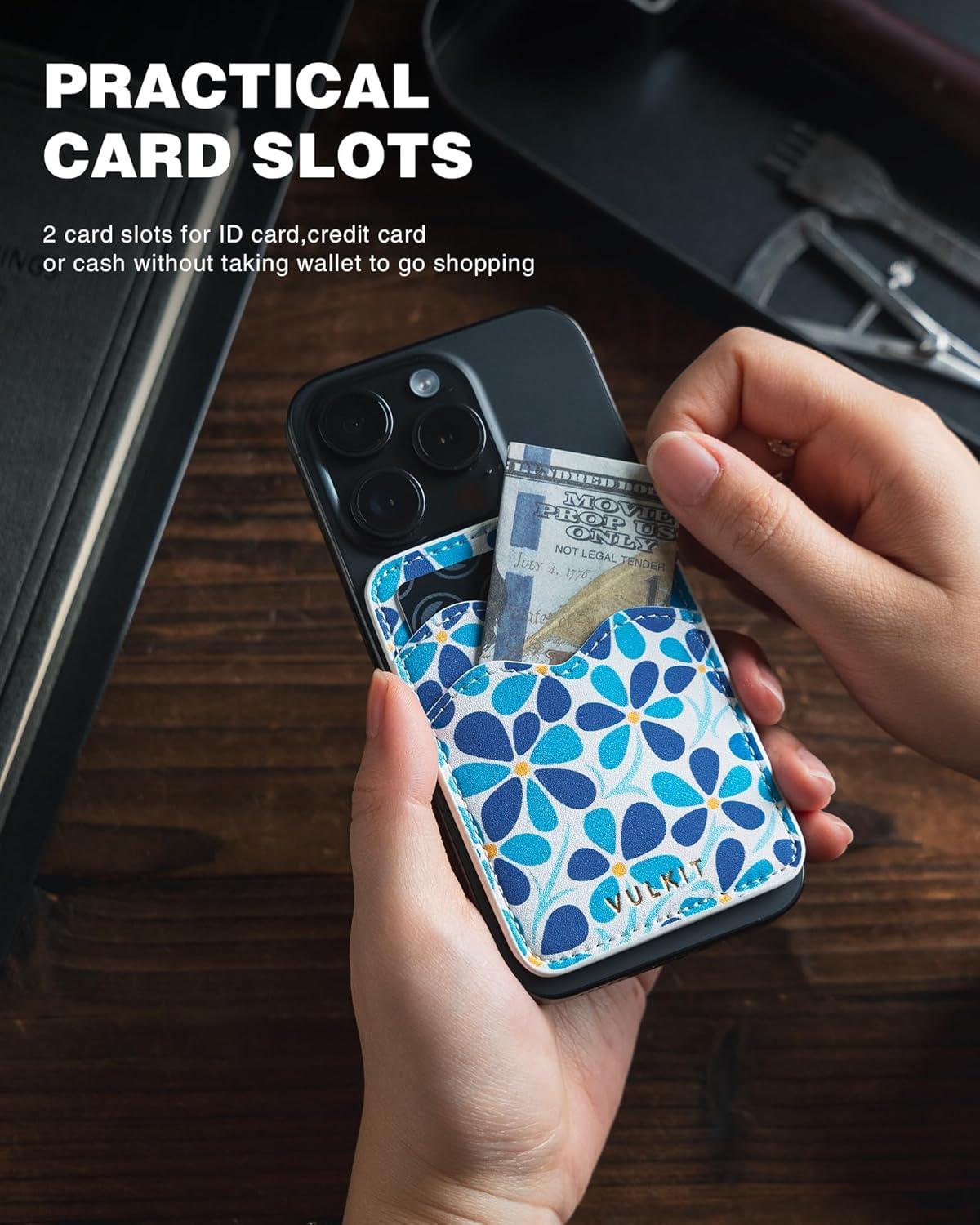 image:imageVULKIT Stick on Card Holder Compatible for iphone Leather Cell Phone Wallet Credit Card Case Strong Sticker for WomenBlue Bloom