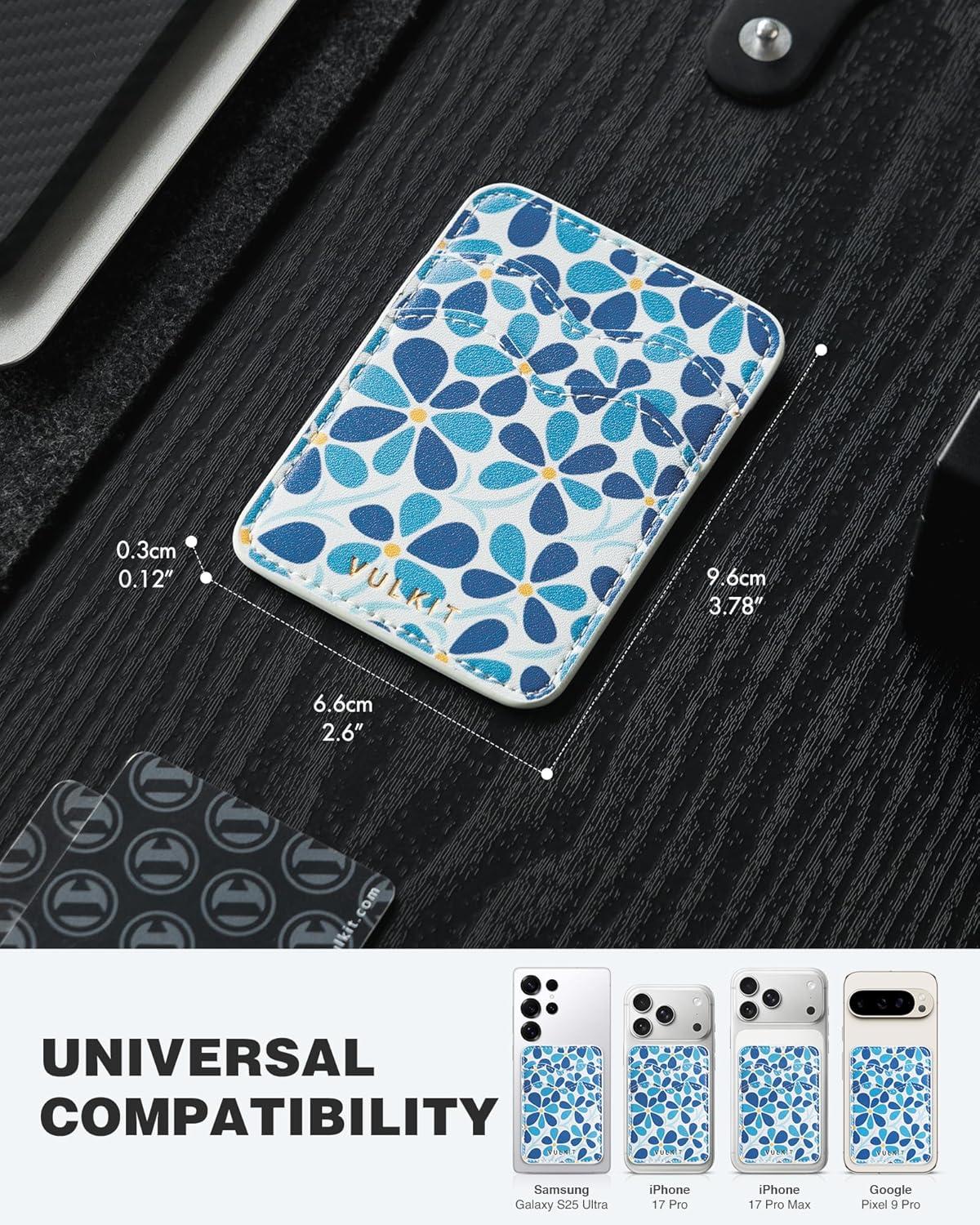image:imageVULKIT Stick on Card Holder Compatible for iphone Leather Cell Phone Wallet Credit Card Case Strong Sticker for WomenBlue Bloom