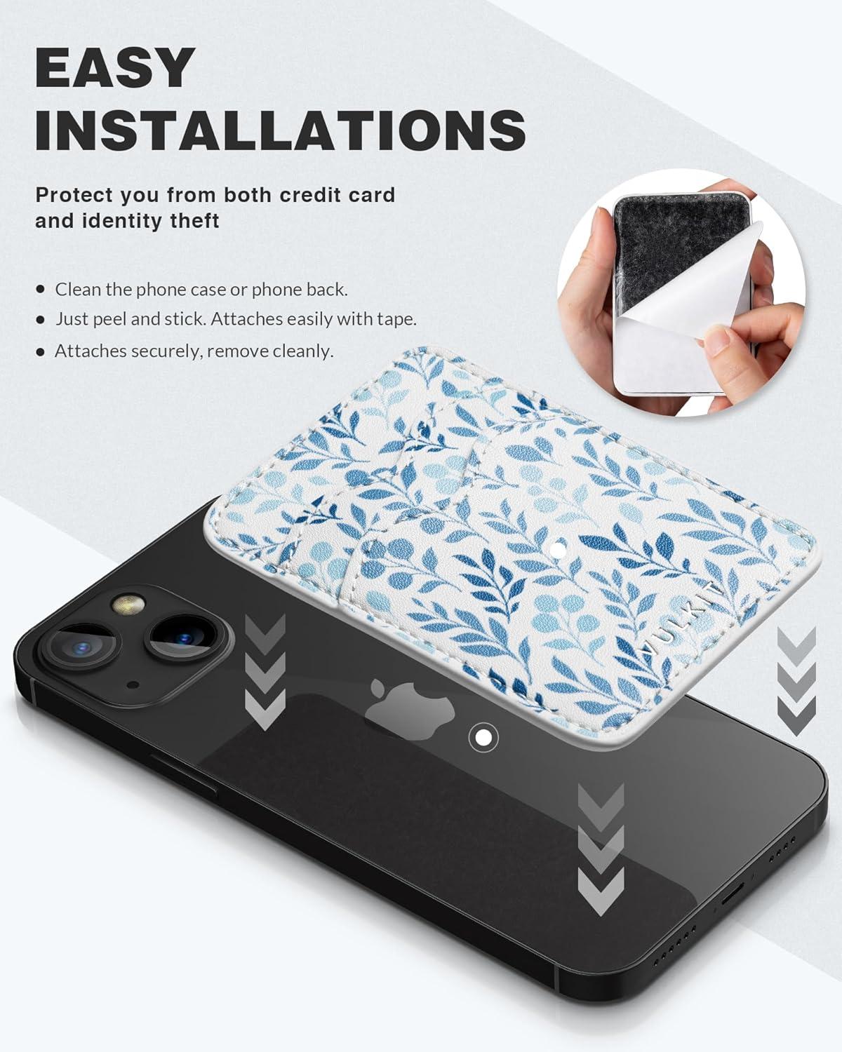 image:imageVULKIT Stick on Card Holder Compatible for iphone Leather Cell Phone Wallet Credit Card Case Strong Sticker for WomenBlue Floral