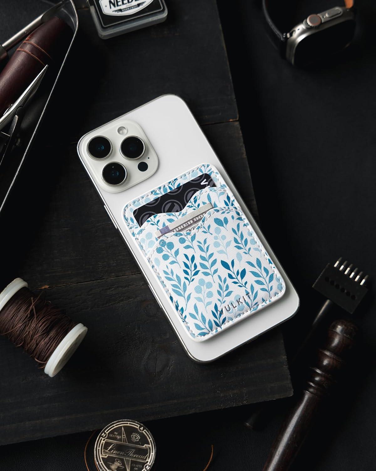 image:imageVULKIT Stick on Card Holder Compatible for iphone Leather Cell Phone Wallet Credit Card Case Strong Sticker for WomenBlue Floral