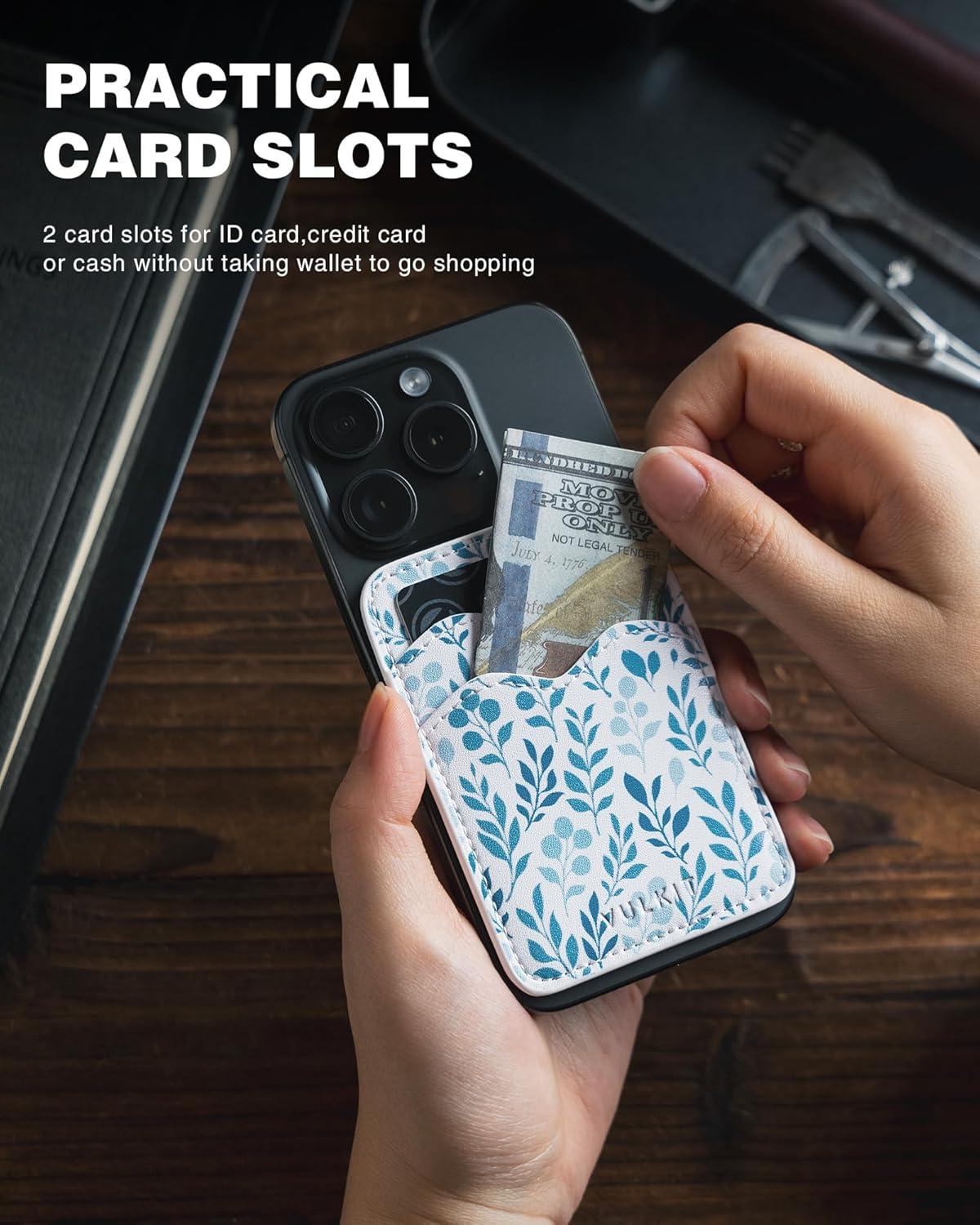 image:imageVULKIT Stick on Card Holder Compatible for iphone Leather Cell Phone Wallet Credit Card Case Strong Sticker for WomenBlue Floral