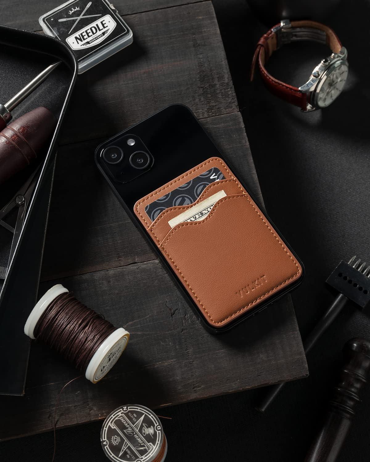 image:imageVULKIT Stick on Card Holder Compatible for iphone Leather Cell Phone Wallet Credit Card Case Strong Sticker for WomenBrown