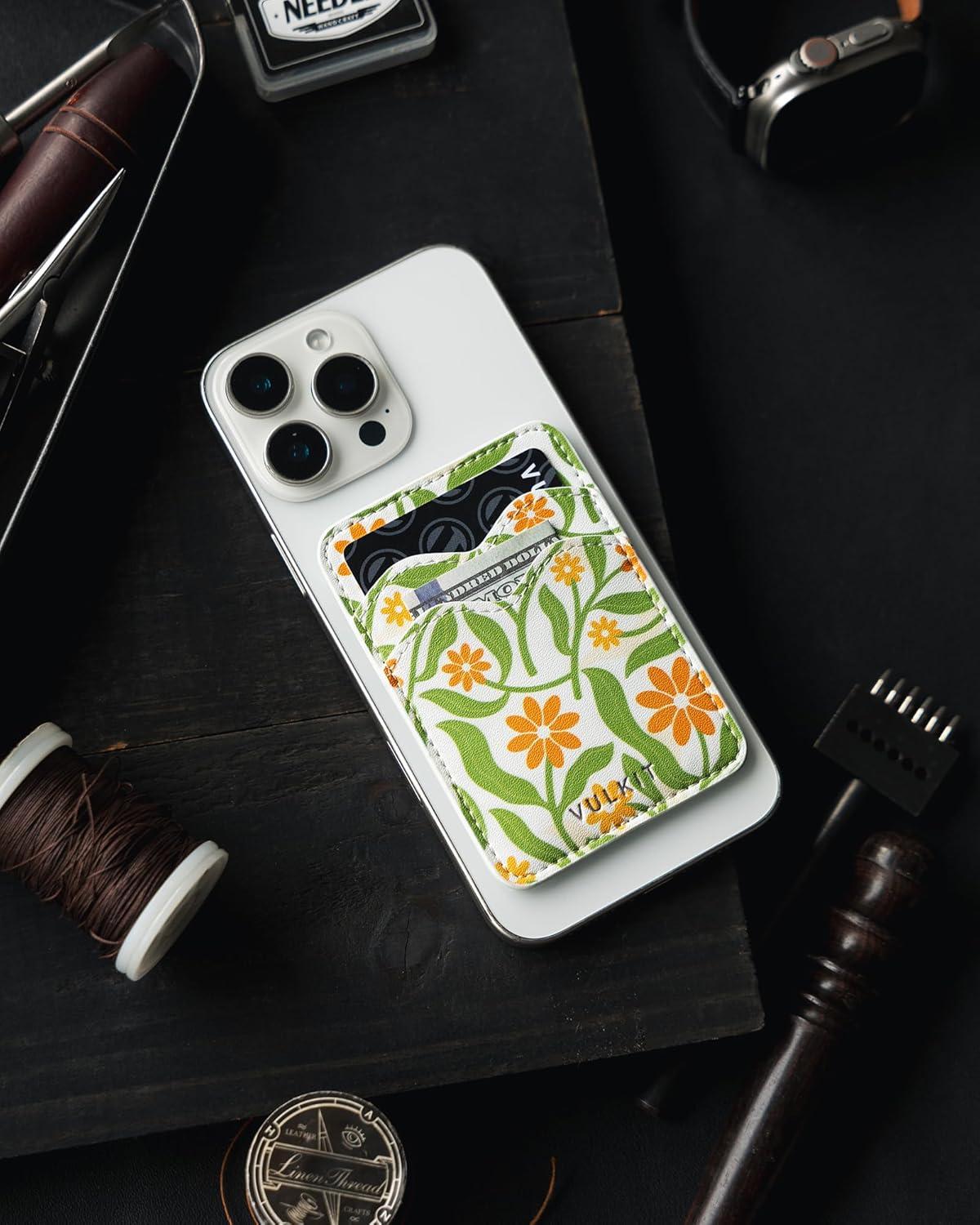 image:imageVULKIT Stick on Card Holder Compatible for iphone Leather Cell Phone Wallet Credit Card Case Strong Sticker for WomenDaisy Floral