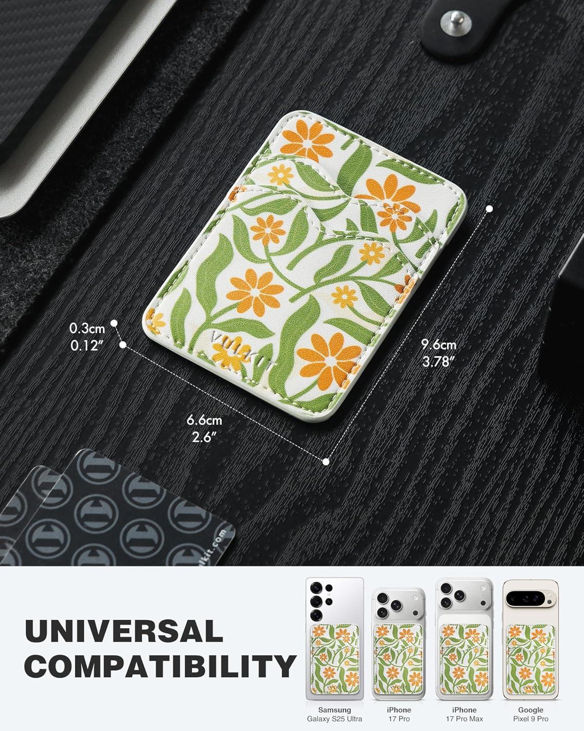 image:imageVULKIT Stick on Card Holder Compatible for iphone Leather Cell Phone Wallet Credit Card Case Strong Sticker for WomenDaisy Floral