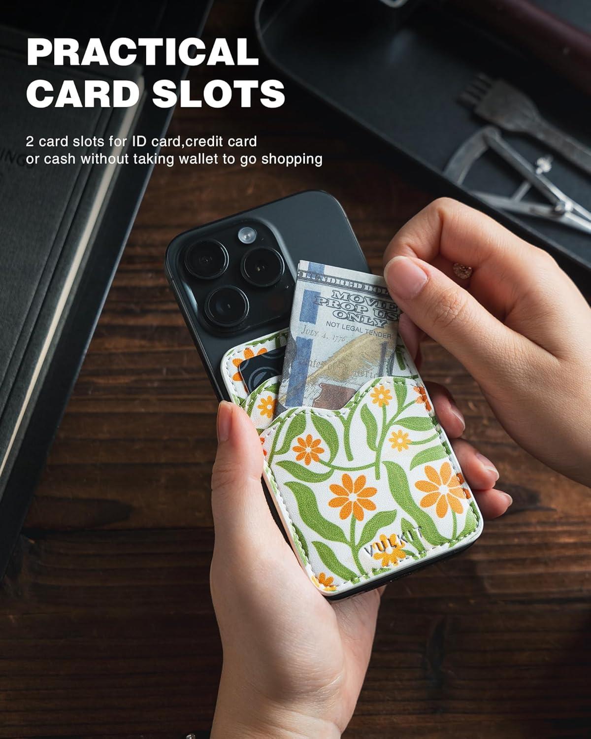image:imageVULKIT Stick on Card Holder Compatible for iphone Leather Cell Phone Wallet Credit Card Case Strong Sticker for WomenDaisy Floral