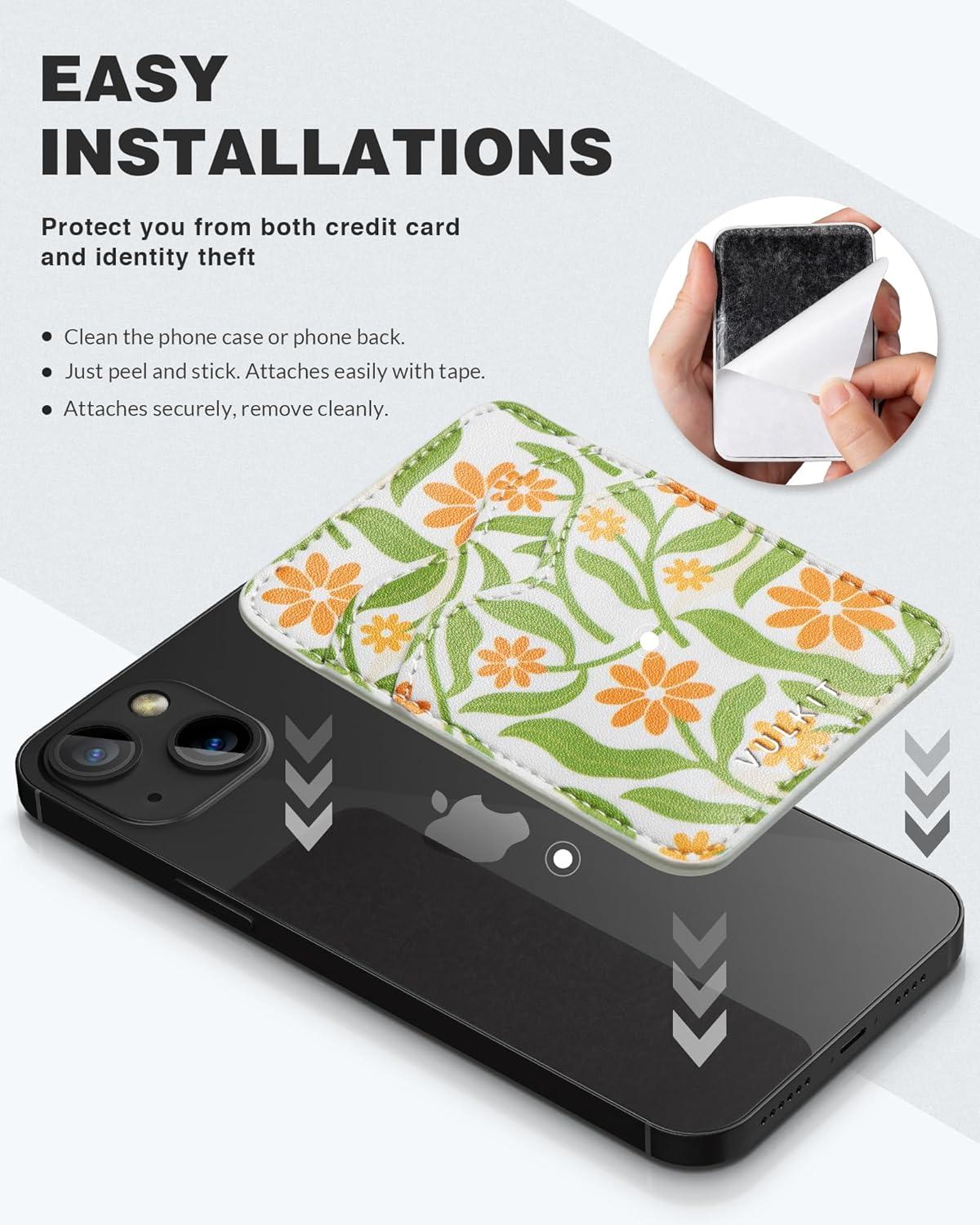 image:imageVULKIT Stick on Card Holder Compatible for iphone Leather Cell Phone Wallet Credit Card Case Strong Sticker for WomenDaisy Floral