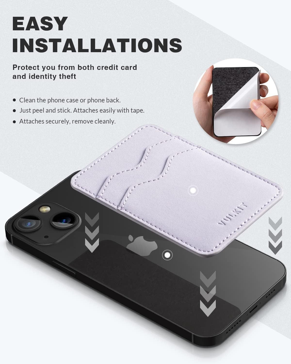 image:imageVULKIT Stick on Card Holder Compatible for iphone Leather Cell Phone Wallet Credit Card Case Strong Sticker for WomenLilac