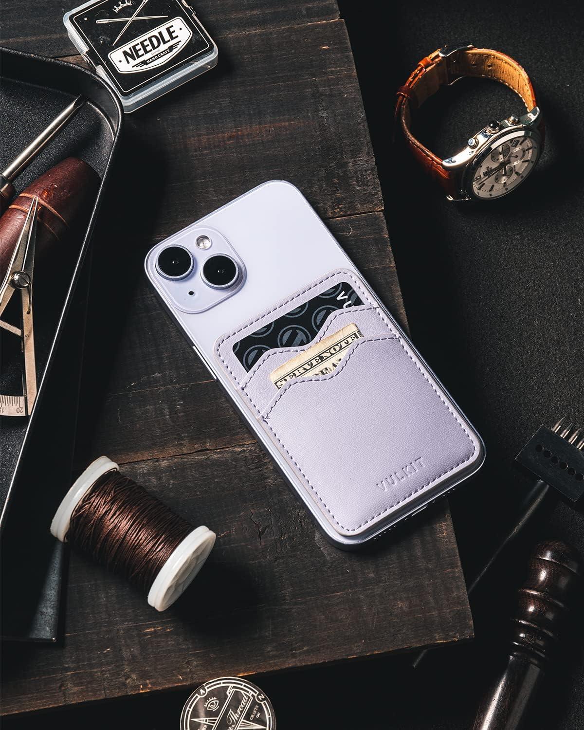 image:imageVULKIT Stick on Card Holder Compatible for iphone Leather Cell Phone Wallet Credit Card Case Strong Sticker for WomenLilac