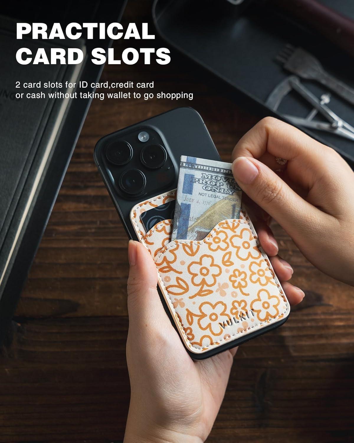 image:imageVULKIT Stick on Card Holder Compatible for iphone Leather Cell Phone Wallet Credit Card Case Strong Sticker for WomenOrange Floral