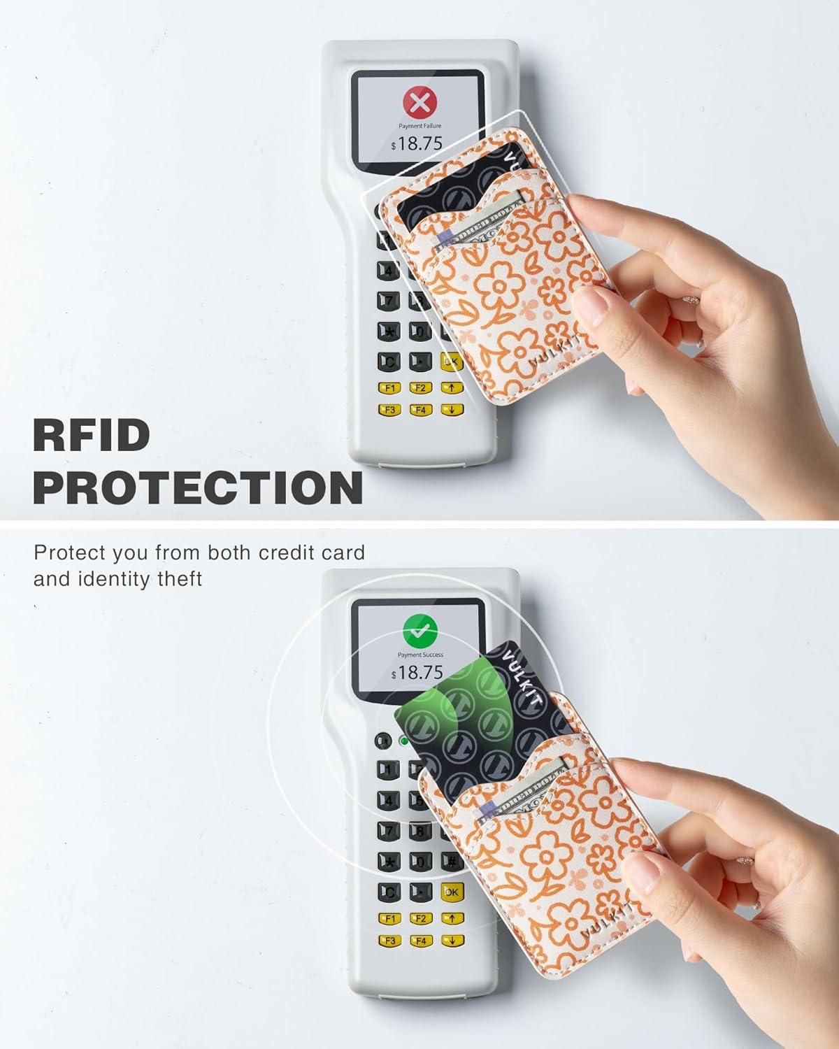 image:imageVULKIT Stick on Card Holder Compatible for iphone Leather Cell Phone Wallet Credit Card Case Strong Sticker for WomenOrange Floral