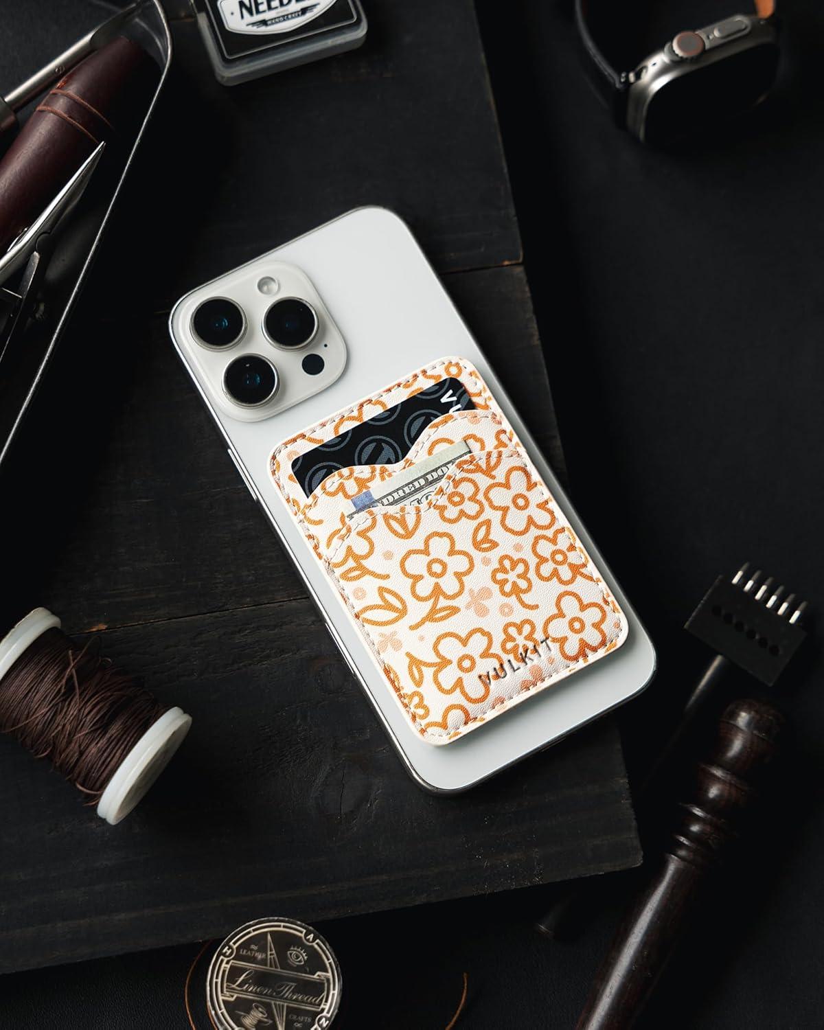 image:imageVULKIT Stick on Card Holder Compatible for iphone Leather Cell Phone Wallet Credit Card Case Strong Sticker for WomenOrange Floral