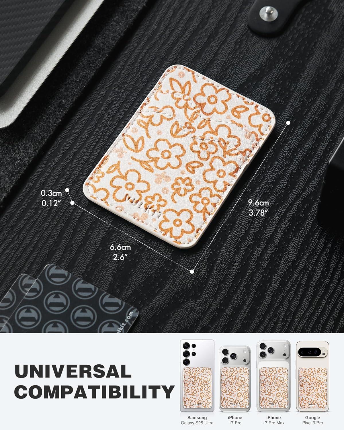 image:imageVULKIT Stick on Card Holder Compatible for iphone Leather Cell Phone Wallet Credit Card Case Strong Sticker for WomenOrange Floral