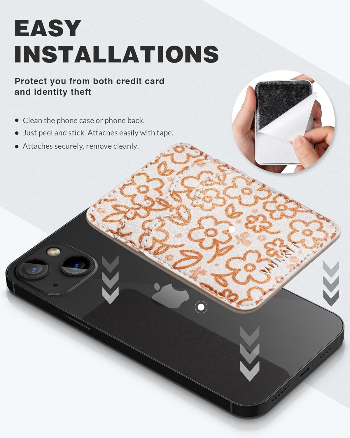image:imageVULKIT Stick on Card Holder Compatible for iphone Leather Cell Phone Wallet Credit Card Case Strong Sticker for WomenOrange Floral