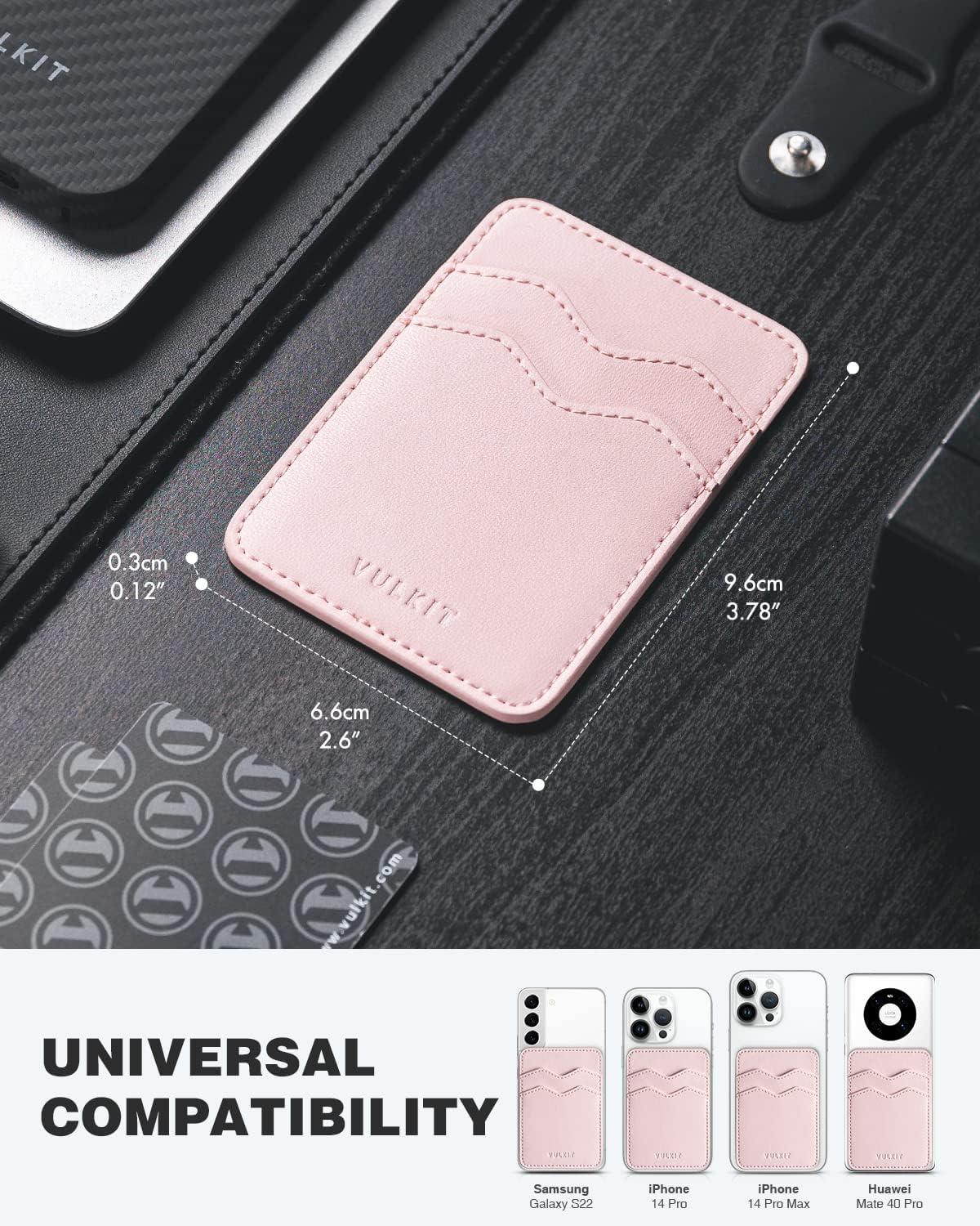 image:imageVULKIT Stick on Card Holder Compatible for iphone Leather Cell Phone Wallet Credit Card Case Strong Sticker for WomenPink