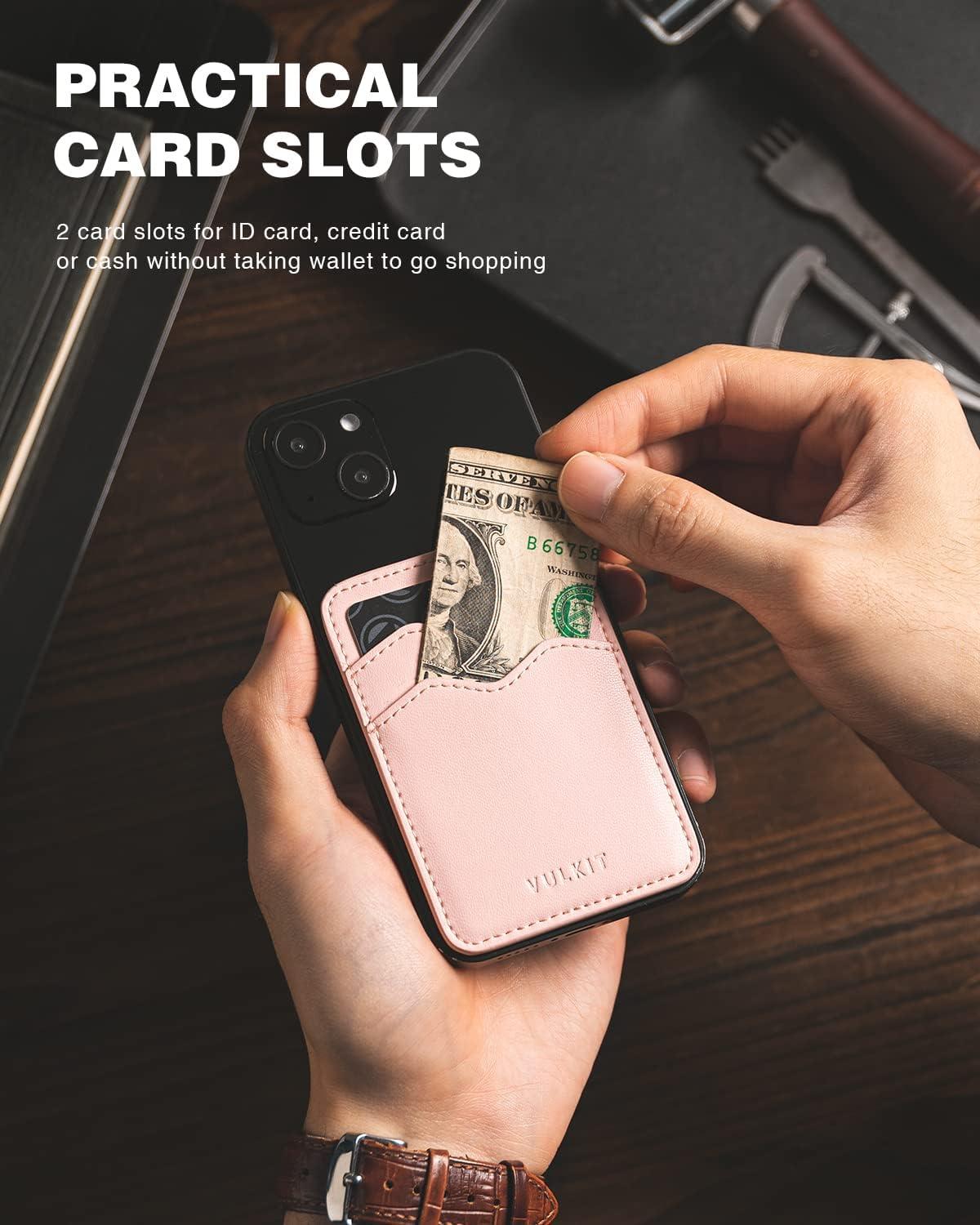 image:imageVULKIT Stick on Card Holder Compatible for iphone Leather Cell Phone Wallet Credit Card Case Strong Sticker for WomenPink