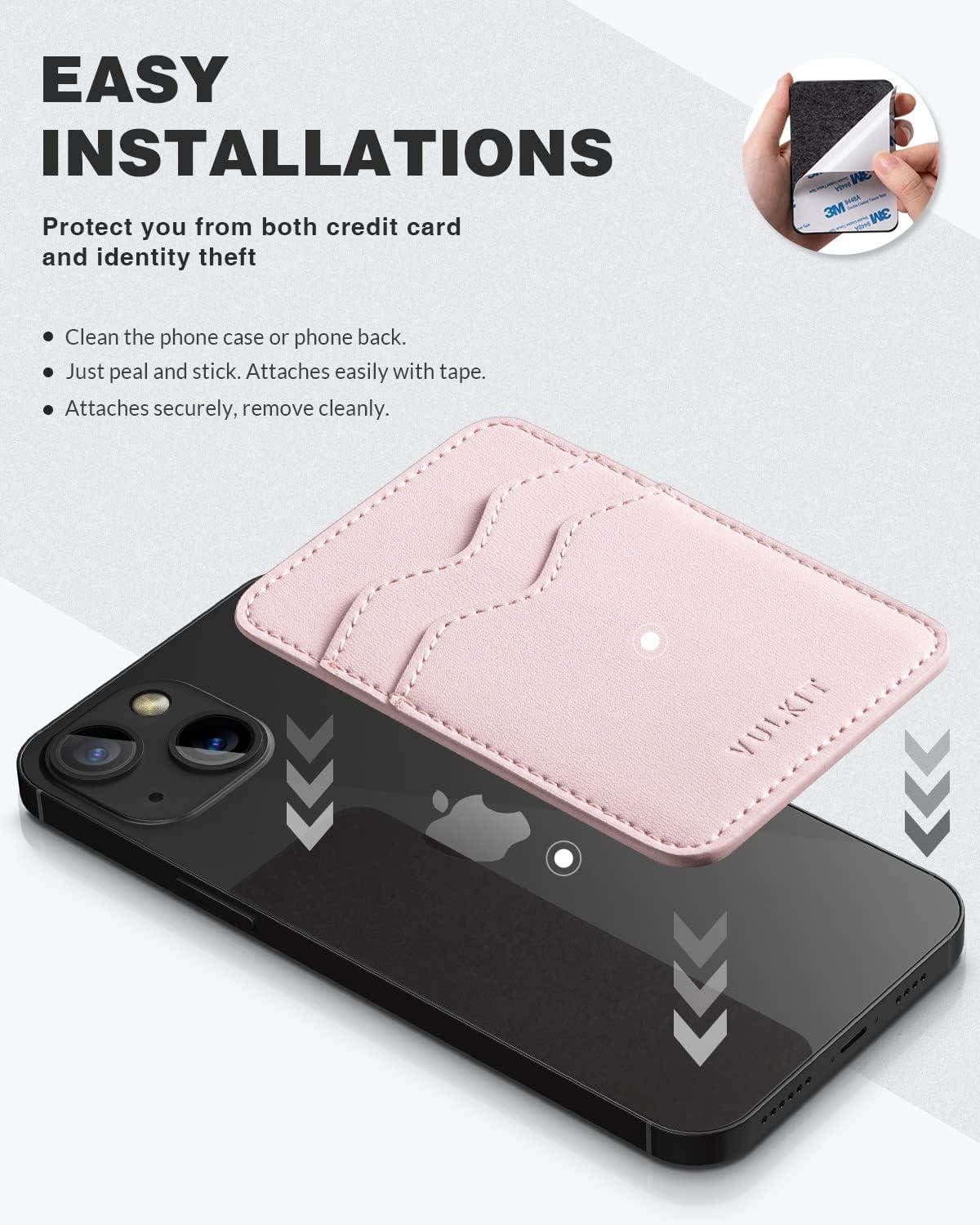 image:imageVULKIT Stick on Card Holder Compatible for iphone Leather Cell Phone Wallet Credit Card Case Strong Sticker for WomenPink