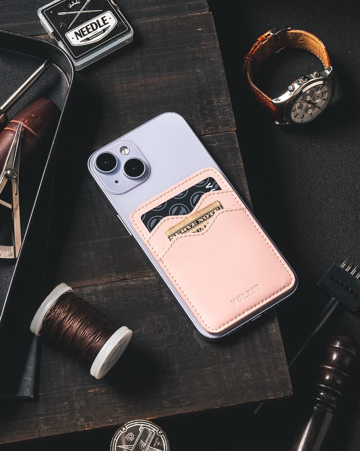image:imageVULKIT Stick on Card Holder Compatible for iphone Leather Cell Phone Wallet Credit Card Case Strong Sticker for WomenPink