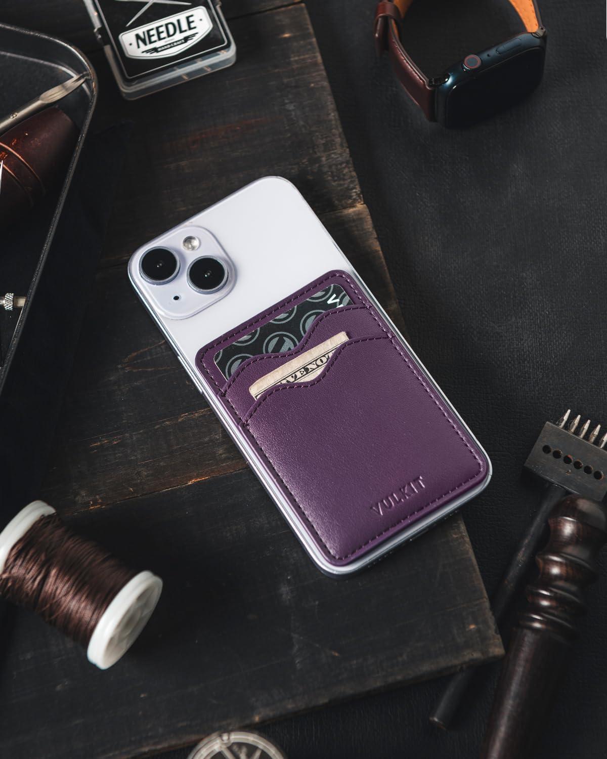 image:imageVULKIT Stick on Card Holder Compatible for iphone Leather Cell Phone Wallet Credit Card Case Strong Sticker for WomenPurple