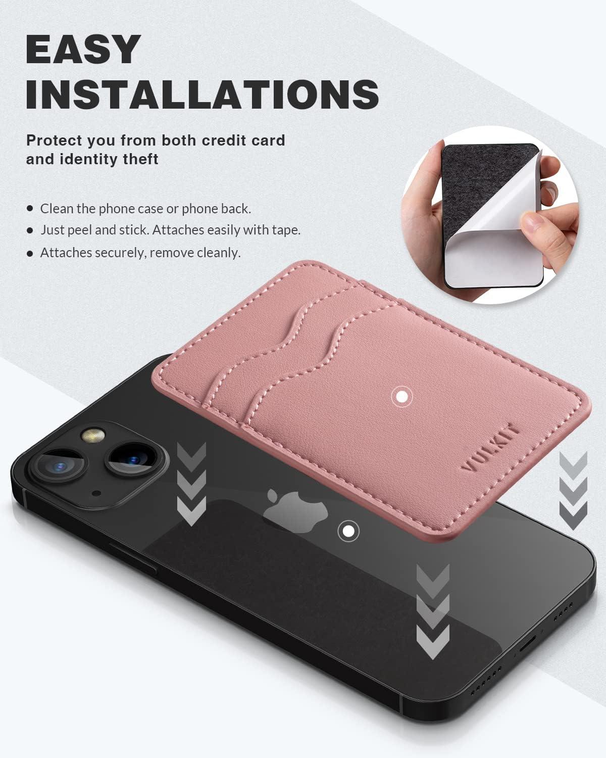 image:imageVULKIT Stick on Card Holder Compatible for iphone Leather Cell Phone Wallet Credit Card Case Strong Sticker for WomenRose