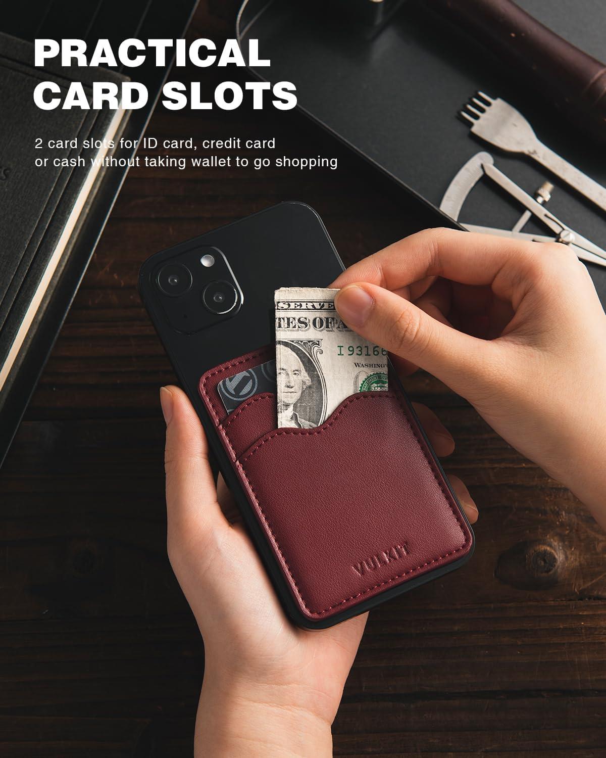 image:imageVULKIT Stick on Card Holder Compatible for iphone Leather Cell Phone Wallet Credit Card Case Strong Sticker for WomenWine