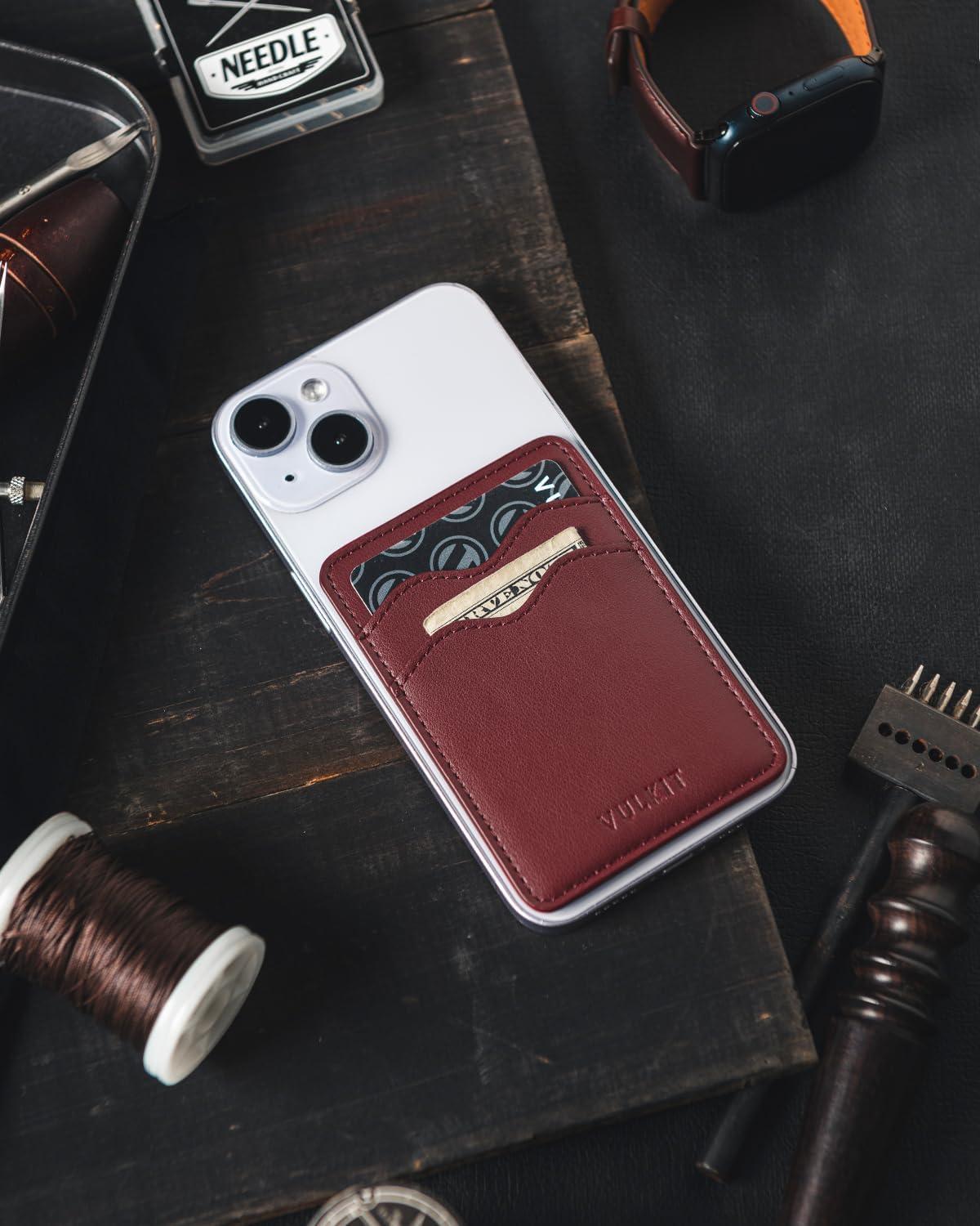 image:imageVULKIT Stick on Card Holder Compatible for iphone Leather Cell Phone Wallet Credit Card Case Strong Sticker for WomenWine