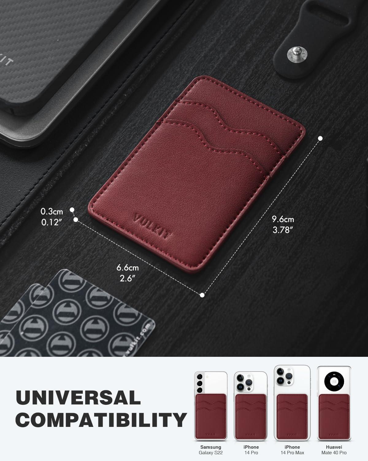 image:imageVULKIT Stick on Card Holder Compatible for iphone Leather Cell Phone Wallet Credit Card Case Strong Sticker for WomenWine