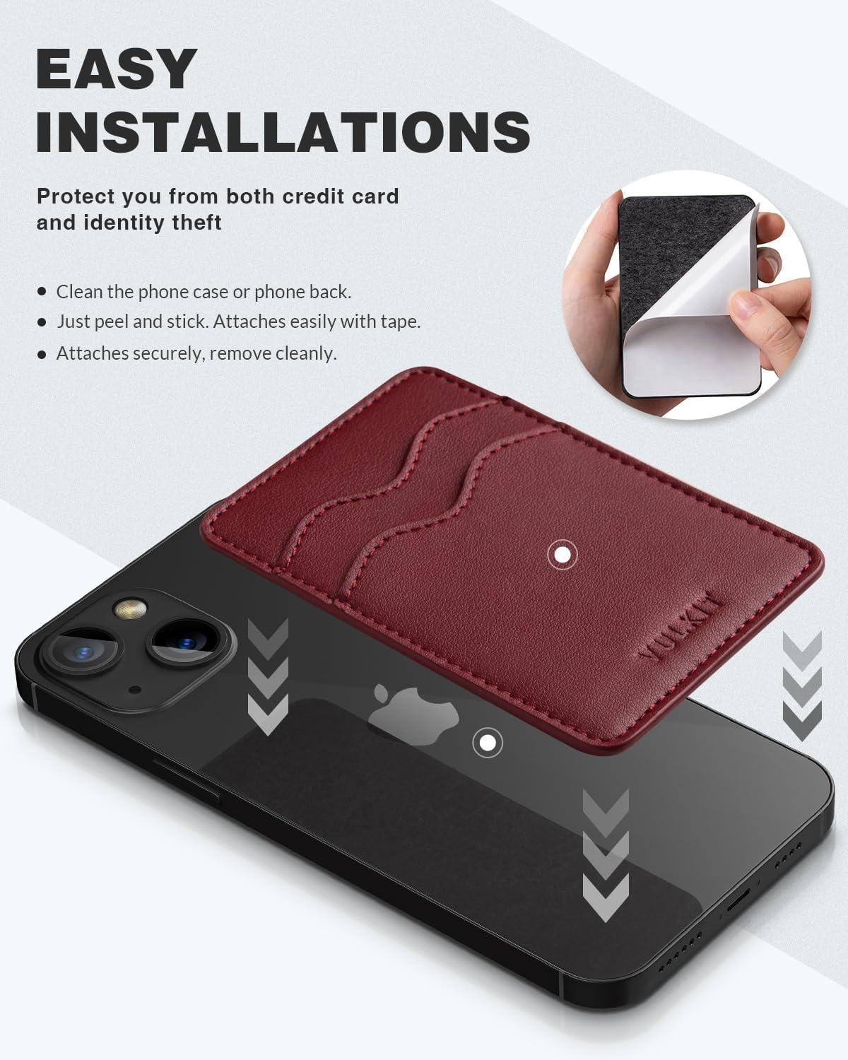 image:imageVULKIT Stick on Card Holder Compatible for iphone Leather Cell Phone Wallet Credit Card Case Strong Sticker for WomenWine