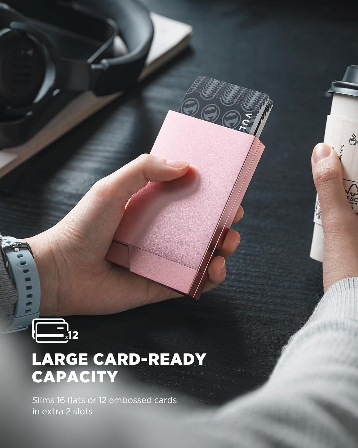 image:imageVULKIT Womens Double Sided Pop Up Credit Card Holder Slim Twin Push Button Ejection Wallet Holder with RFID Blocking Aluminium Alloy Frame Metal Card Case Holds 1216 Cards Rose GoldRose Gold
