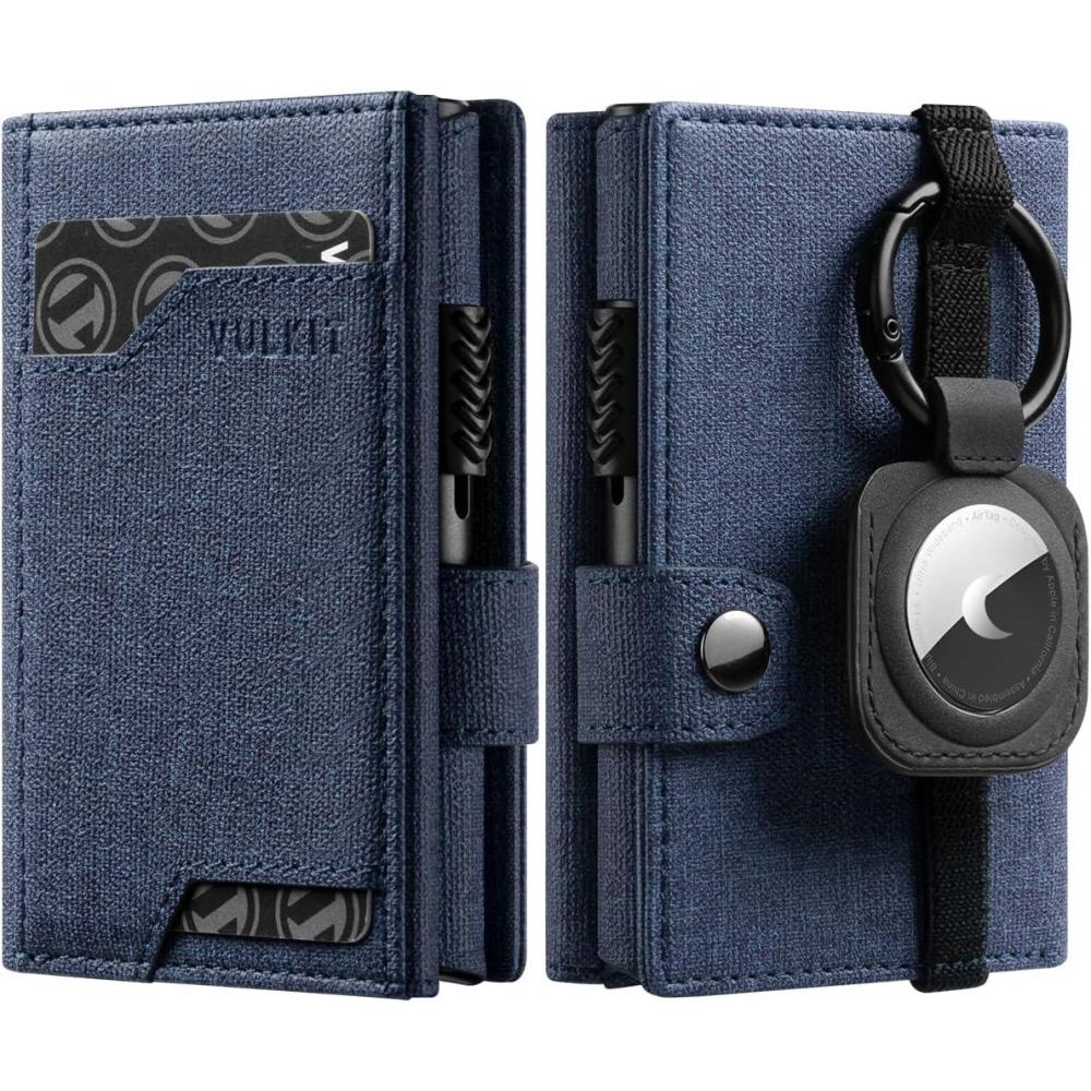 image:imageVULKIT Airtag Wallet with Keyring Mens Pop up Credit Card Wallet Compatiable with Air Tag Holder Trifold ID Window RFID BlockingNavy