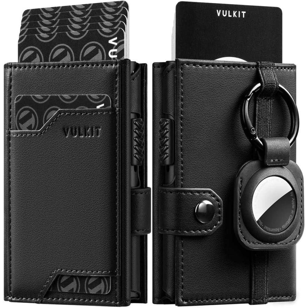 image:imageVULKIT Airtag Wallet with Keyring Mens Pop up Credit Card Wallet Compatiable with Air Tag Holder Trifold ID Window RFID BlockingTop Grain Cowhide Black