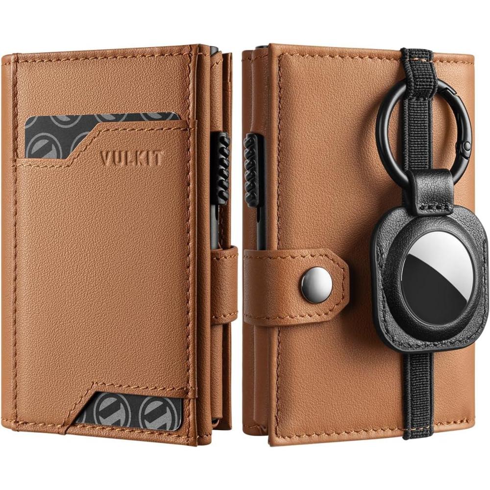 image:imageVULKIT Airtag Wallet with Keyring Mens Pop up Credit Card Wallet Compatiable with Air Tag Holder Trifold ID Window RFID BlockingTop Grain Cowhide Brown