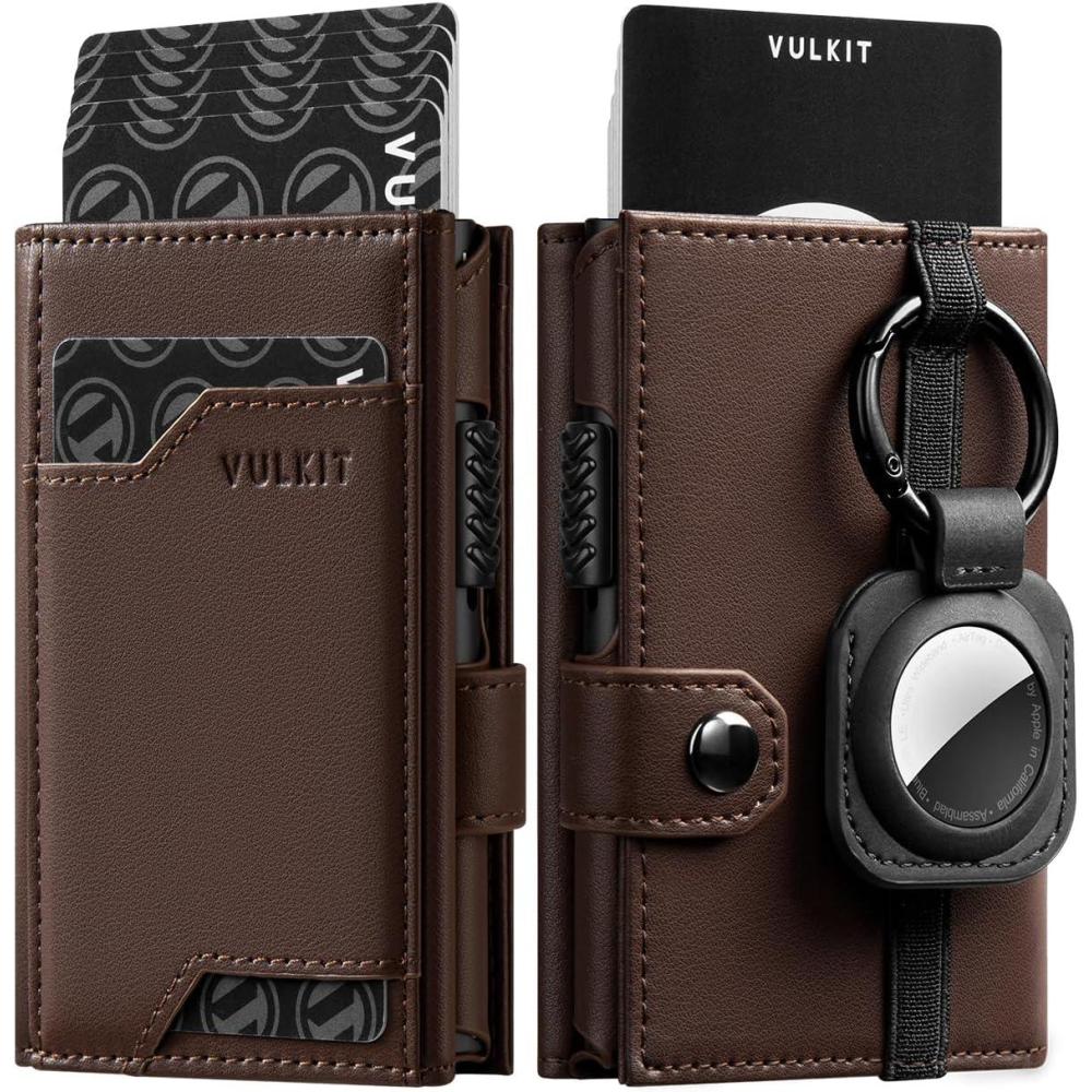 image:imageVULKIT Airtag Wallet with Keyring Mens Pop up Credit Card Wallet Compatiable with Air Tag Holder Trifold ID Window RFID BlockingTop Grain Cowhide Espresso