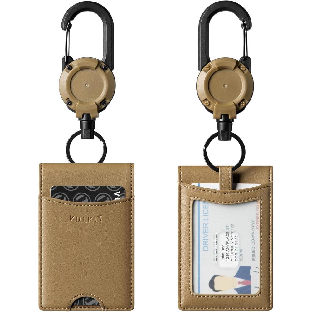 image:imageVULKIT Badge Holder Retractable Clip Leather Bifold Double ID Card Holder Retractable Keychain Carabiner Holds 5 Cards Keys BlackKhaki