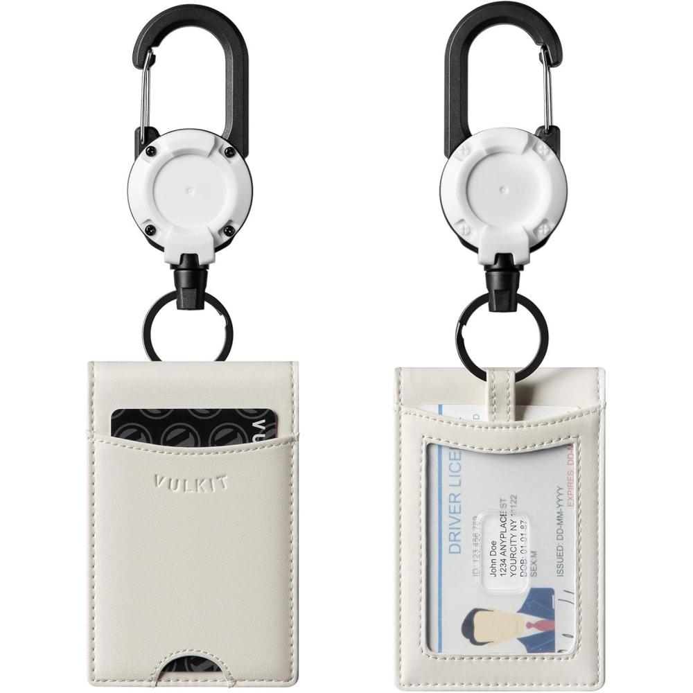 image:imageVULKIT Badge Holder Retractable Clip Leather Bifold Double ID Card Holder Retractable Keychain Carabiner Holds 5 Cards Keys BlackWhite