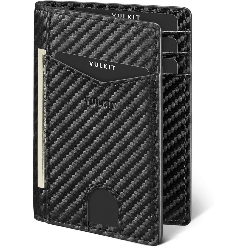 image:imageVULKIT Bifold Front Pocket Slim Wallet RFID Blocking Minimalist Thin Leather Credit Card Holder Wallet for Men and Women BrownCarbon Fiber Black