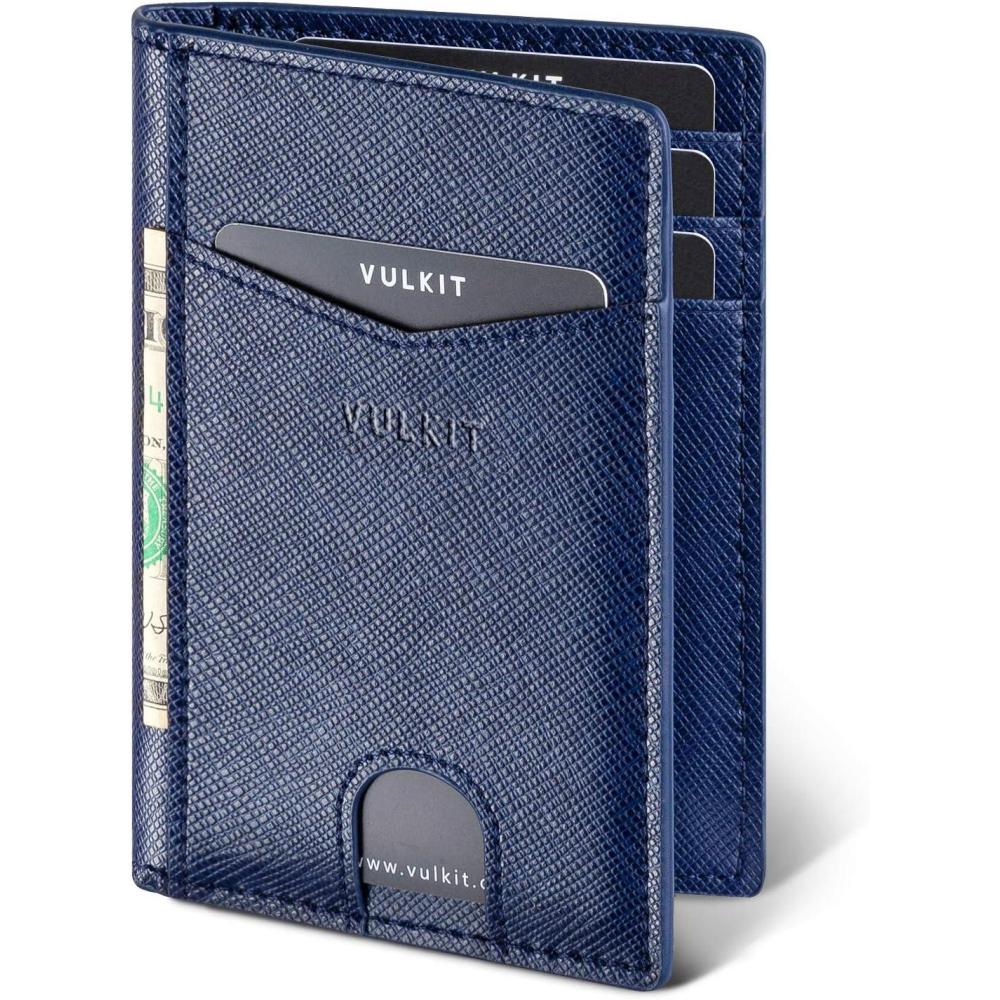 image:imageVULKIT Bifold Front Pocket Slim Wallet RFID Blocking Minimalist Thin Leather Credit Card Holder Wallet for Men and Women BrownCross Navy