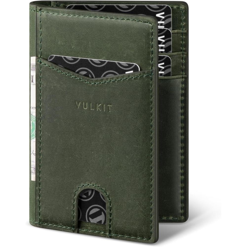 image:imageVULKIT Bifold Front Pocket Slim Wallet RFID Blocking Minimalist Thin Leather Credit Card Holder Wallet for Men and Women BrownGenuine Green