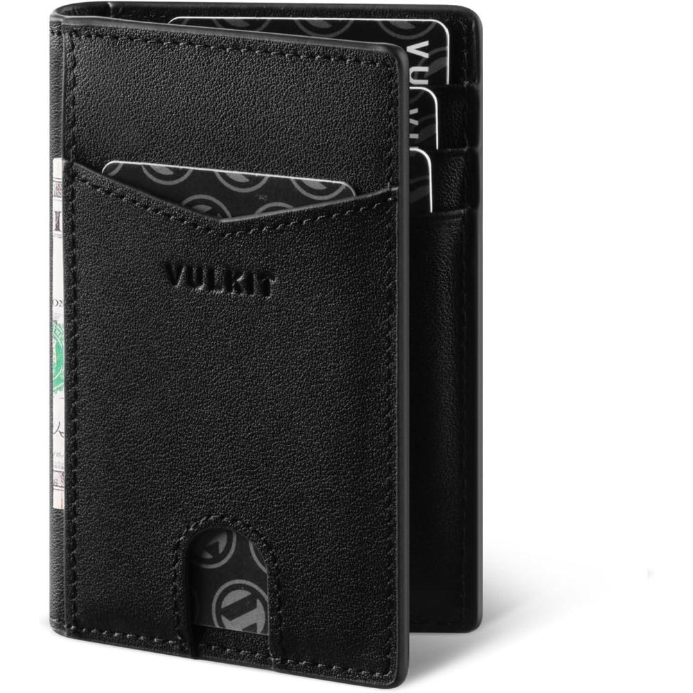 image:imageVULKIT Bifold Front Pocket Slim Wallet RFID Blocking Minimalist Thin Leather Credit Card Holder Wallet for Men and Women BrownGenuine Leather Nappa Black