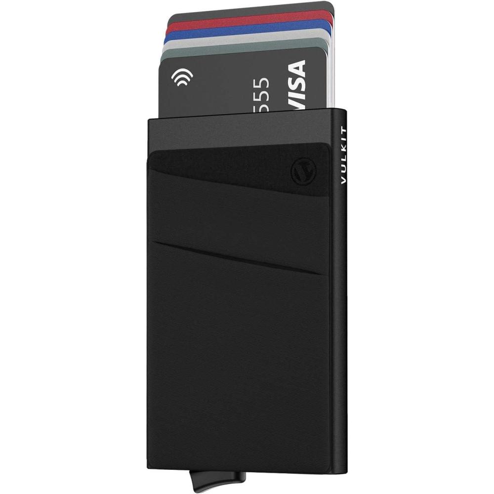 image:imageVULKIT Card Holder with Money Pocket Pop Up Wallet RFID Blocking Slim Metal Bank Card Case Holds 5 Cards and NotesBlack